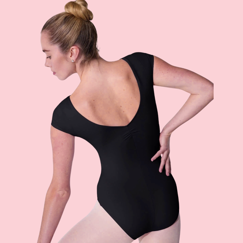 Capezio Cap Sleeve Ruche Seamed Black Leotard